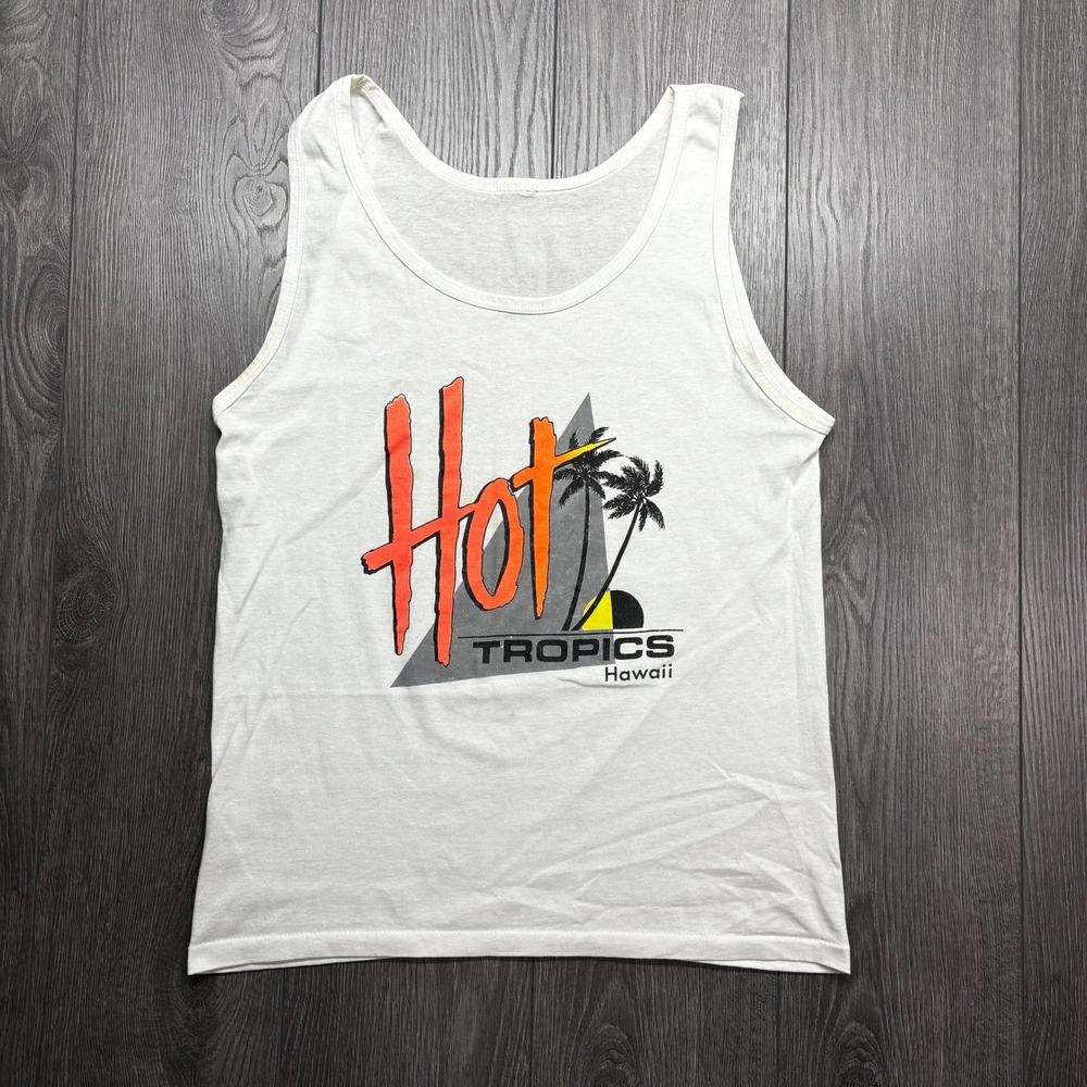 Vintage Hot Tropics Hawaii Tank Top White Graphic Single Stitch Mens Medium